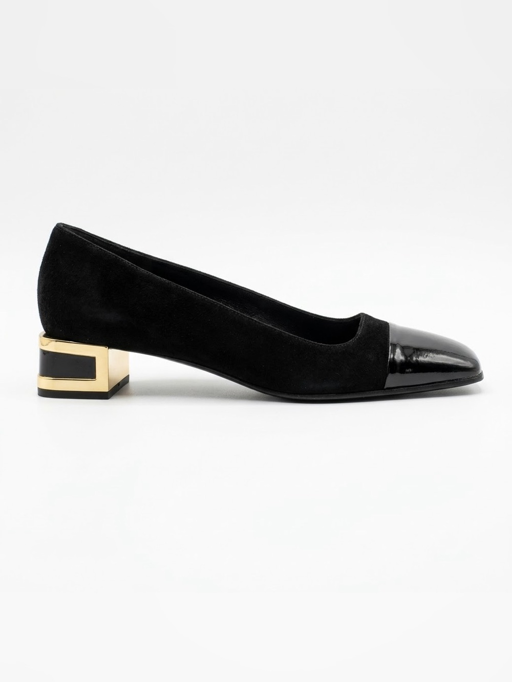 Vintage Bruno Magli Black Suede Patent Square Cap Toe Gold Block Heel Pumps 6 M